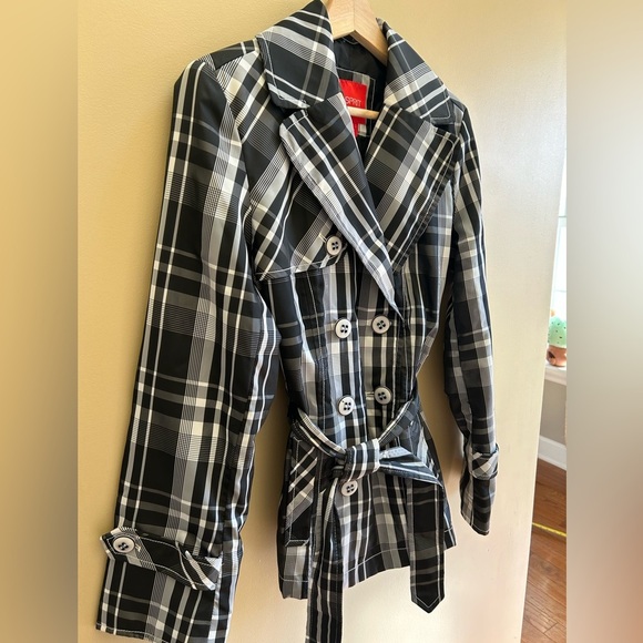 Espirit Black/White Plaid Trench Over Coat Womens Layering Classic Size XS - Picture 4 of 16